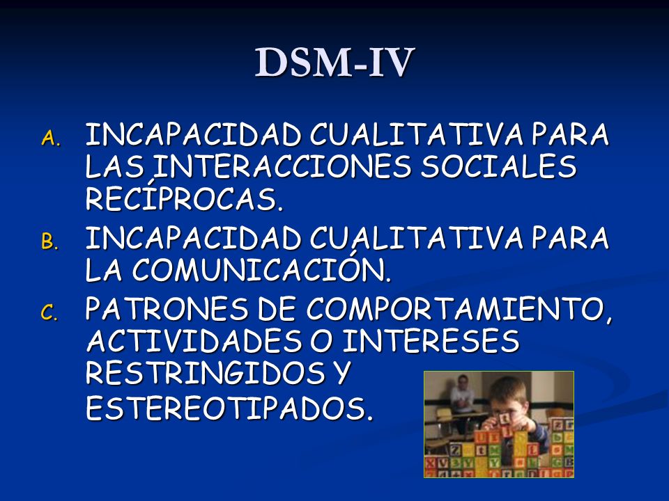 DSM-IV INCAPACIDAD CUALITATIVA PARA LAS INTERACCIONES SOCIALES RECÍPROCAS. INCAPACIDAD CUALITATIVA PARA LA COMUNICACIÓN.