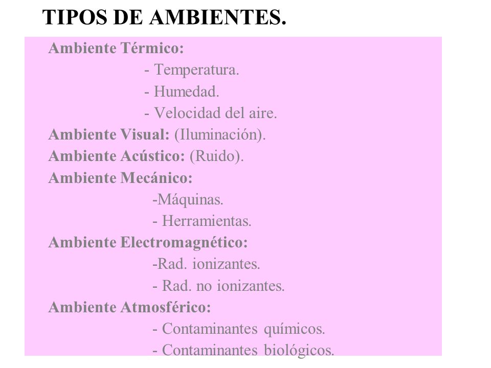 TIPOS DE AMBIENTES. Ambiente Térmico: - Temperatura. - Humedad.