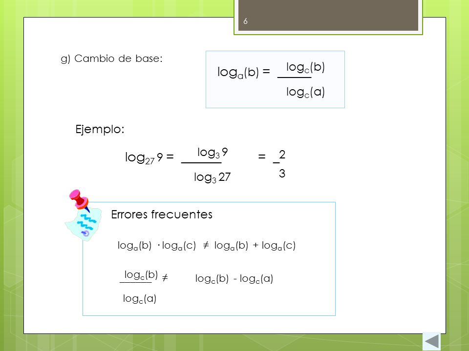 loga(b) = _____ log27 9 = ______ = _ logc(b) logc(a) Ejemplo: log3 9 2