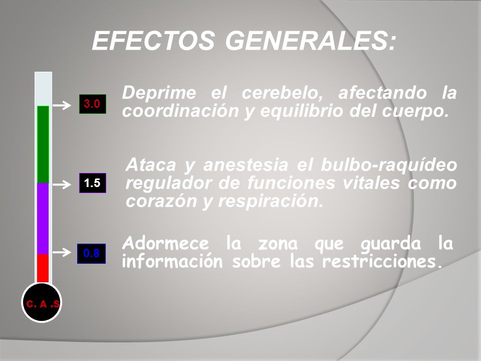 EFECTOS GENERALES: Deprime el cerebelo, afectando la coordinación y equilibrio del cuerpo
