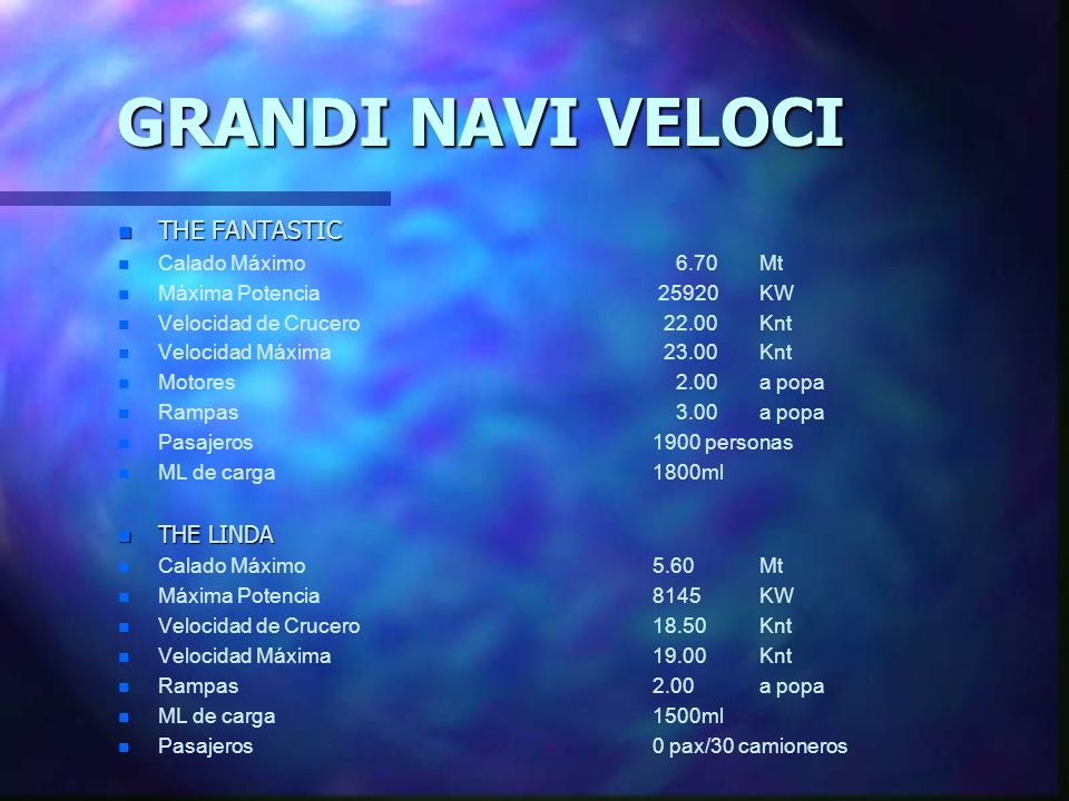 GRANDI NAVI VELOCI THE FANTASTIC THE LINDA Calado Máximo 6.70 Mt