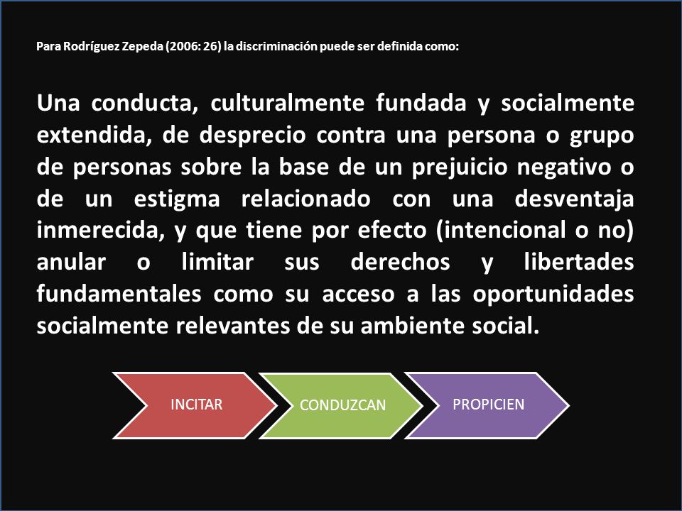 Para Rodríguez Zepeda (2006: 26) la discriminación puede ser definida como: