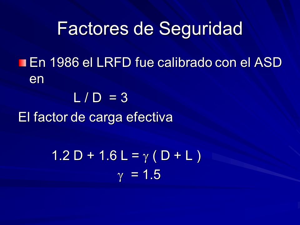 Factores de Seguridad En 1986 el LRFD fue calibrado con el ASD en