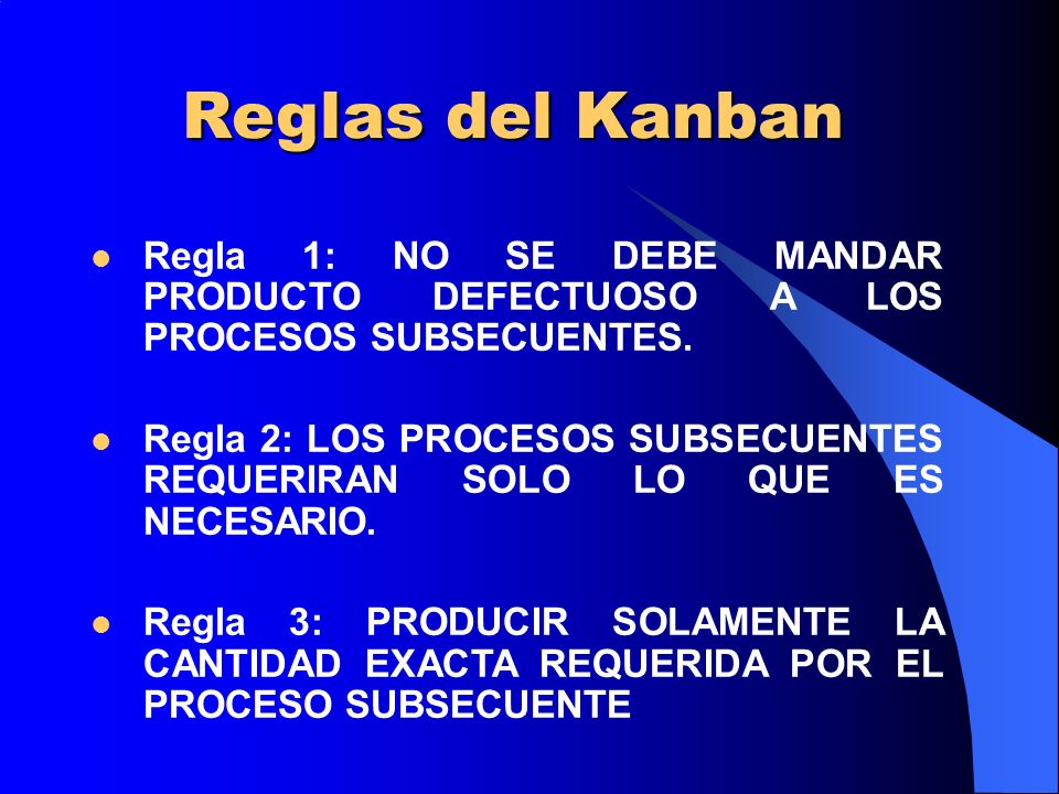 Reglas del Kanban Regla 1: NO SE DEBE MANDAR PRODUCTO DEFECTUOSO A LOS PROCESOS SUBSECUENTES.