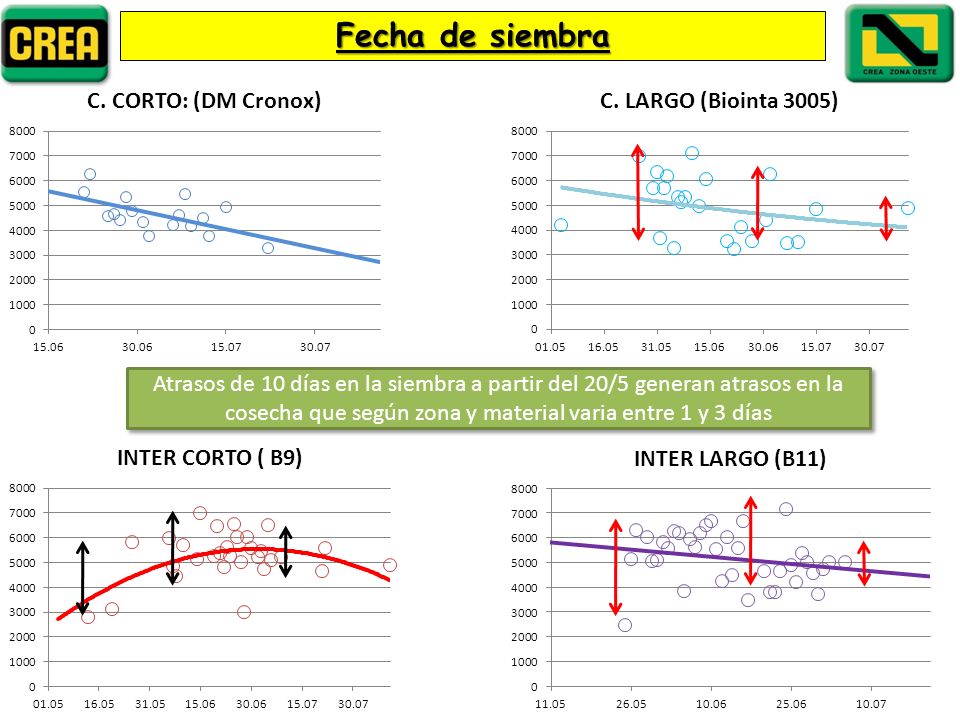 Fecha de siembra Atrasos de 10 días en la siembra a partir del 20/5 generan atrasos en la cosecha que según zona y material varia entre 1 y 3 días.