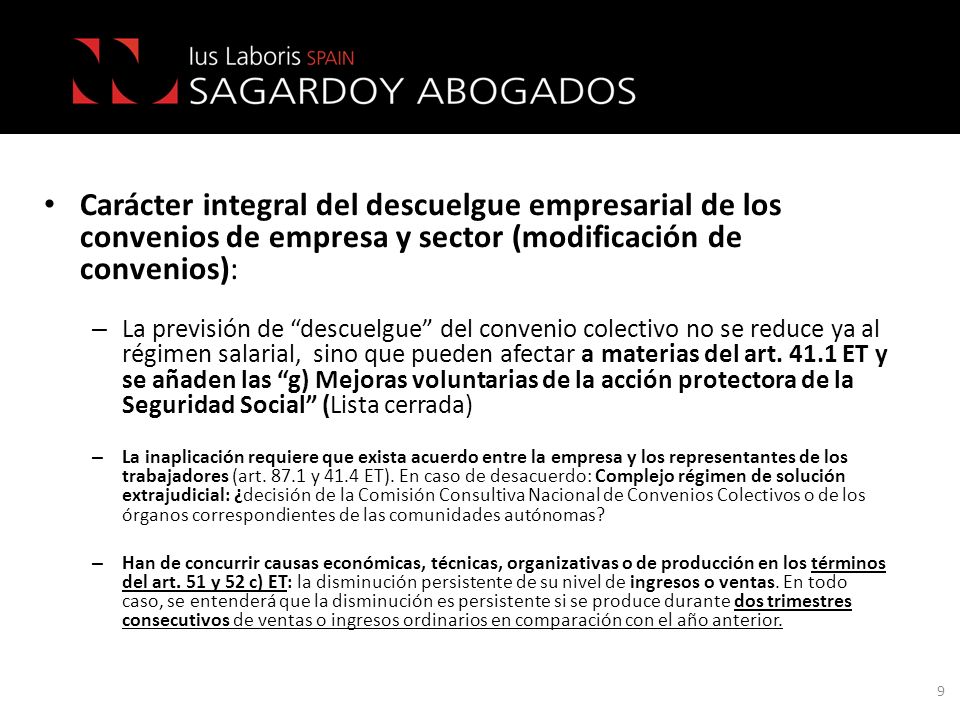 Carácter integral del descuelgue empresarial de los convenios de empresa y sector (modificación de convenios):