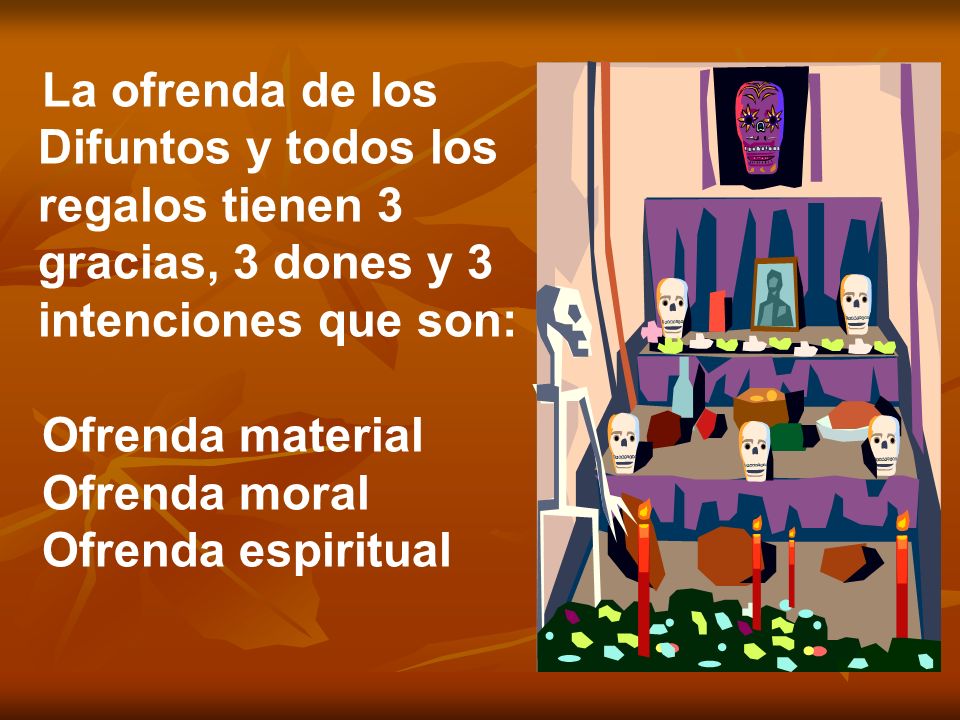 La ofrenda de los Difuntos y todos los regalos tienen 3 gracias, 3 dones y 3 intenciones que son: