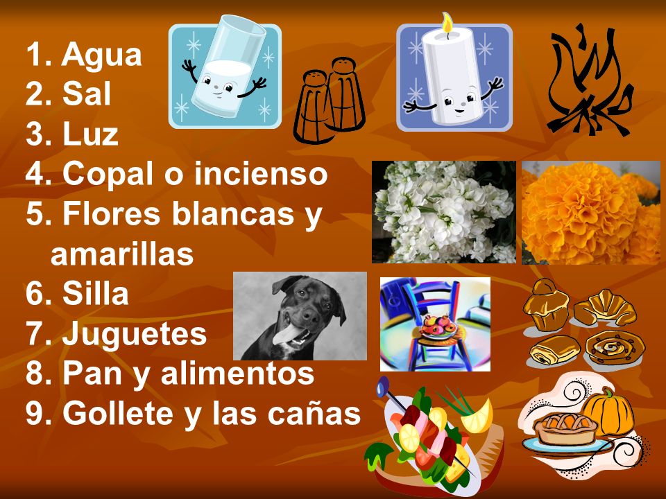 Agua Sal. Luz. Copal o incienso. Flores blancas y amarillas. Silla. Juguetes. Pan y alimentos.