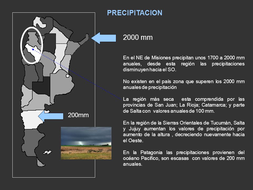 PRECIPITACION 2000 mm. En el NE de Misiones precipitan unos 1700 a 2000 mm anuales, desde esta región las precipitaciones disminuyen hacia el SO.