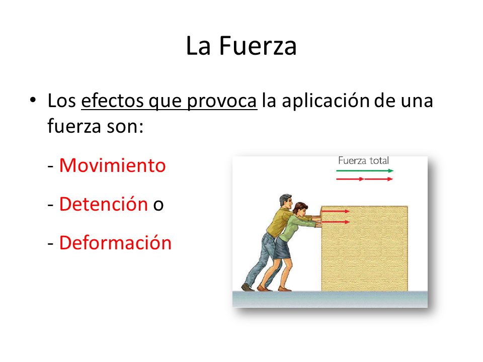 La Fuerza Los efectos que provoca la aplicación de una fuerza son: