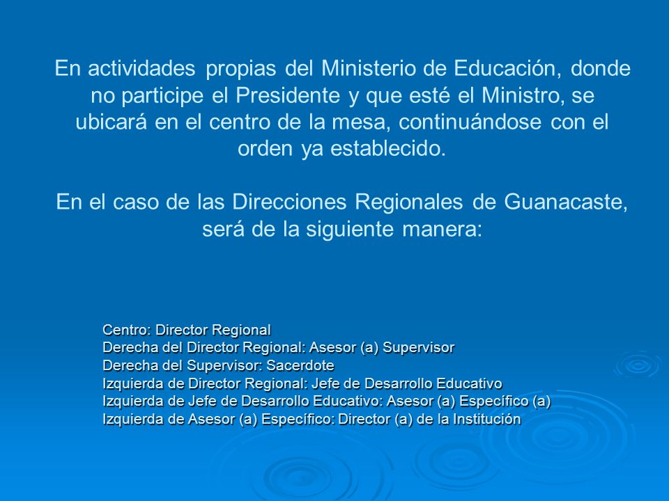 En actividades propias del Ministerio de Educación, donde no participe el Presidente y que esté el Ministro, se ubicará en el centro de la mesa, continuándose con el orden ya establecido.