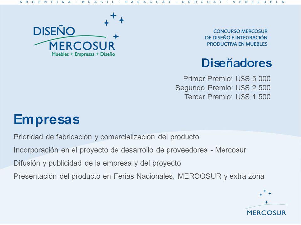 Primer Premio: U$S Segundo Premio: U$S Tercer Premio: U$S Prioridad de fabricación y comercialización del producto.