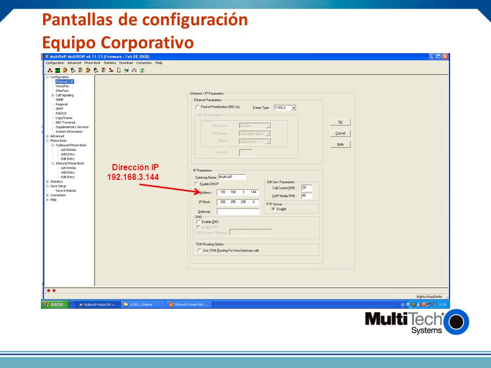 Pantallas de configuración Equipo Corporativo