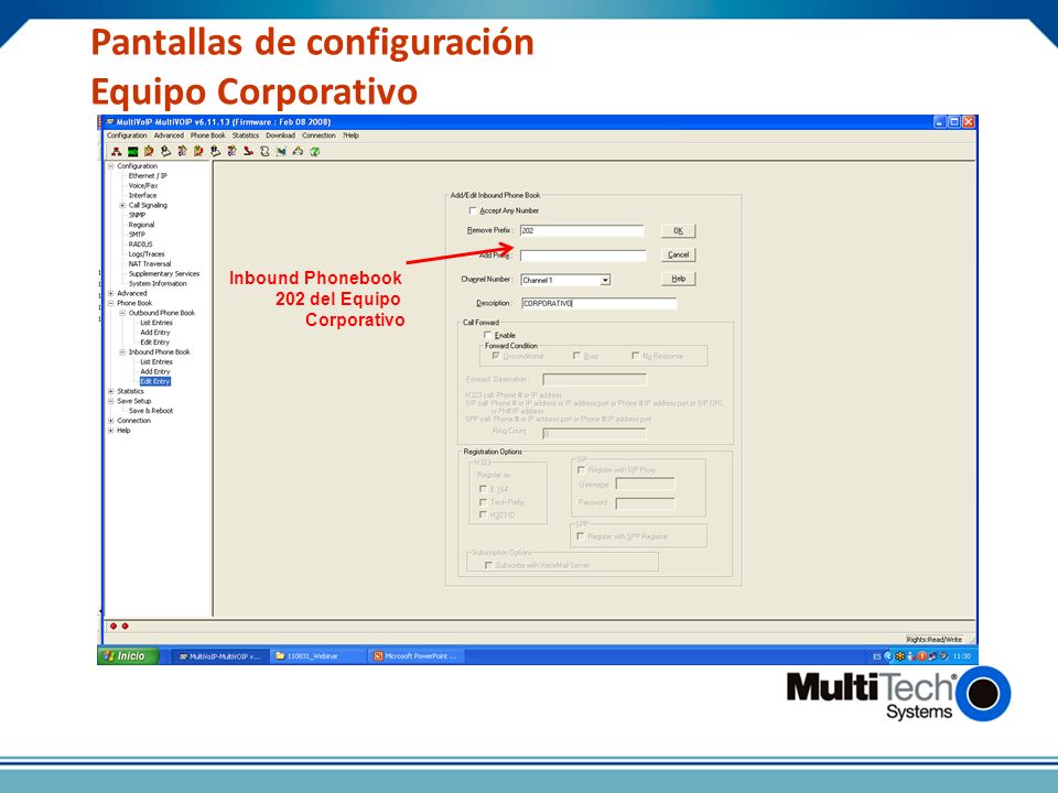 Pantallas de configuración Equipo Corporativo