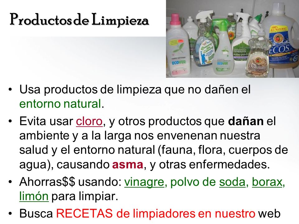 Productos de Limpieza Usa productos de limpieza que no dañen el entorno natural.