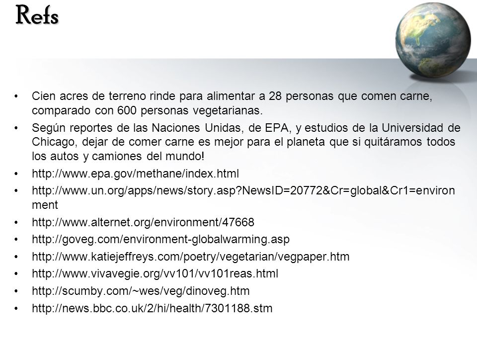 Refs Cien acres de terreno rinde para alimentar a 28 personas que comen carne, comparado con 600 personas vegetarianas.