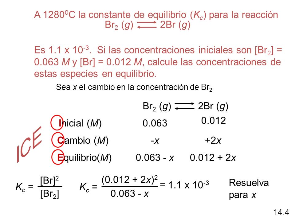 ICE A 12800C la constante de equilibrio (Kc) para la reacción