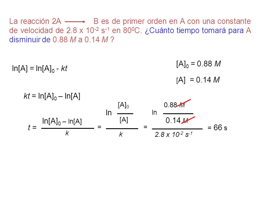 La reacción 2A B es de primer orden en A con una constante de velocidad de 2.8 x 10-2 s-1 en 800C. ¿Cuánto tiempo tomará para A disminuir de 0.88 M a 0.14 M