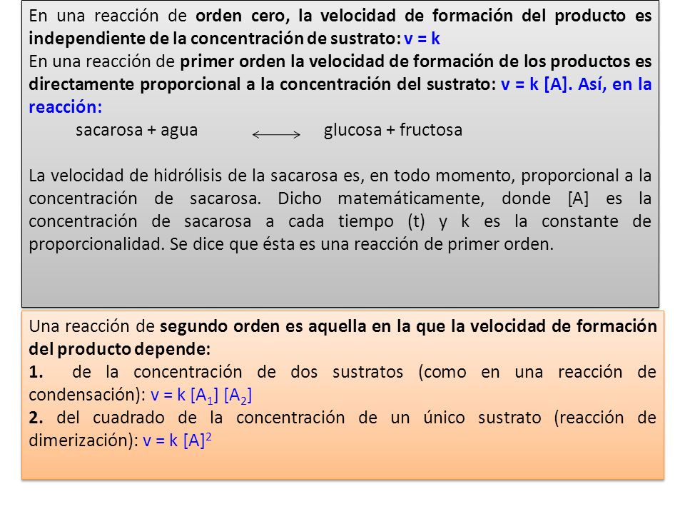 En una reacción de orden cero, la velocidad de formación del producto es independiente de la concentración de sustrato: v = k
