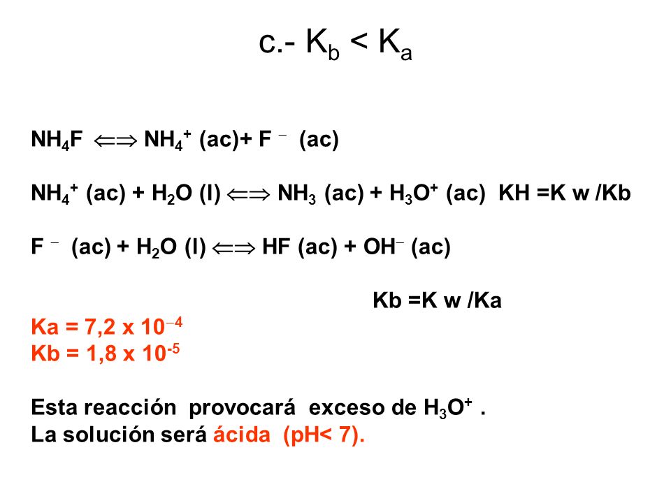 c.- Kb < Ka NH4F  NH4+ (ac)+ F  (ac)