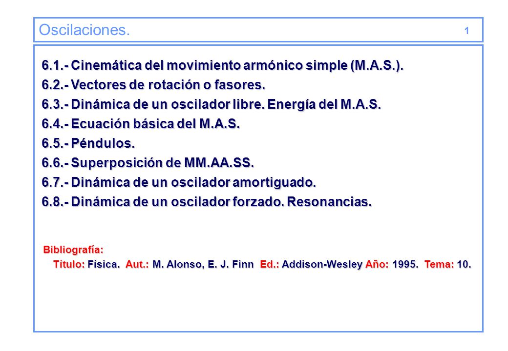 Oscilaciones Cinemática del movimiento armónico simple (M.A.S.) Vectores de rotación o fasores.