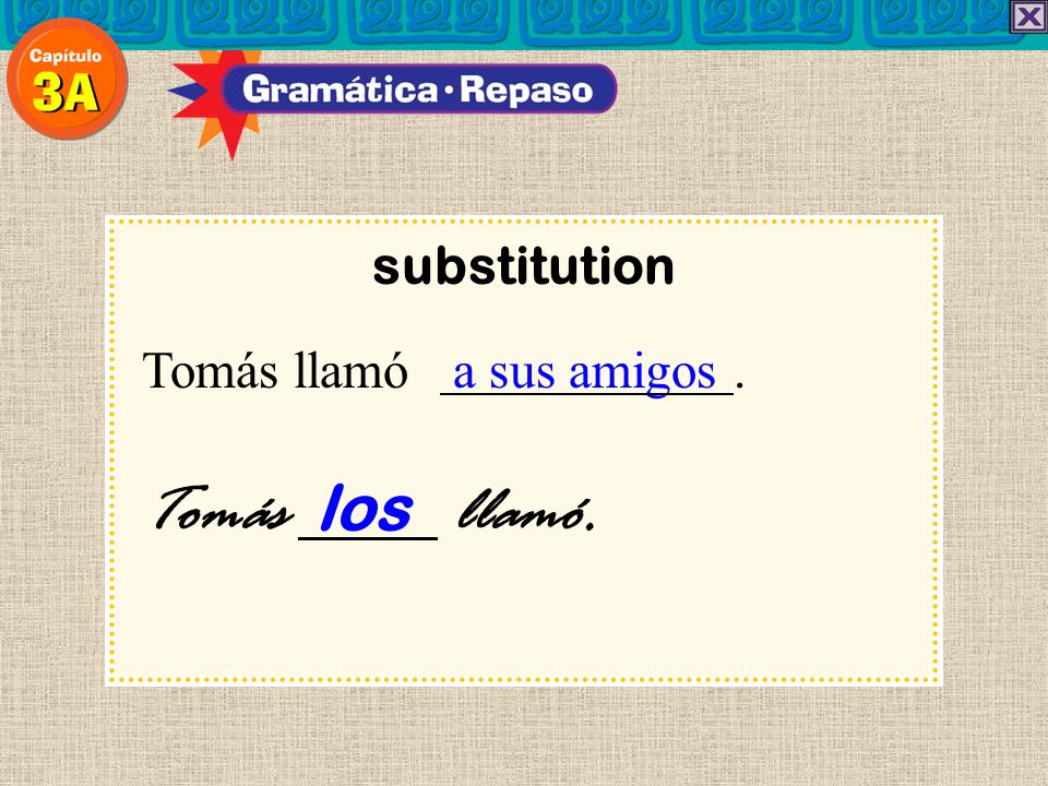 substitution Tomás llamó a sus amigos . Tomás los llamó. 19
