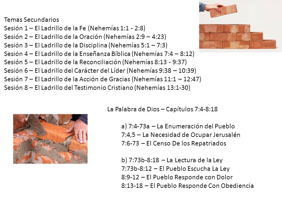 Temas Secundarios Sesión 1 – El Ladrillo de la Fe (Nehemías 1:1 - 2:8) Sesión 2 – El Ladrillo de la Oración (Nehemías 2:9 – 4:23)