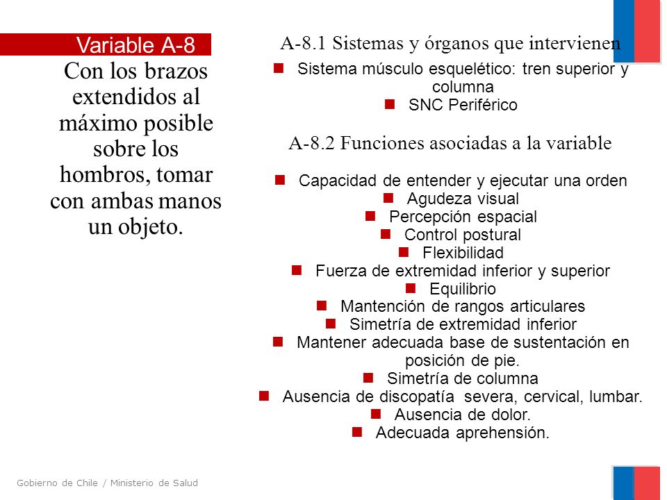 Variable A-8 Con los brazos extendidos al máximo posible sobre los hombros, tomar con ambas manos un objeto.