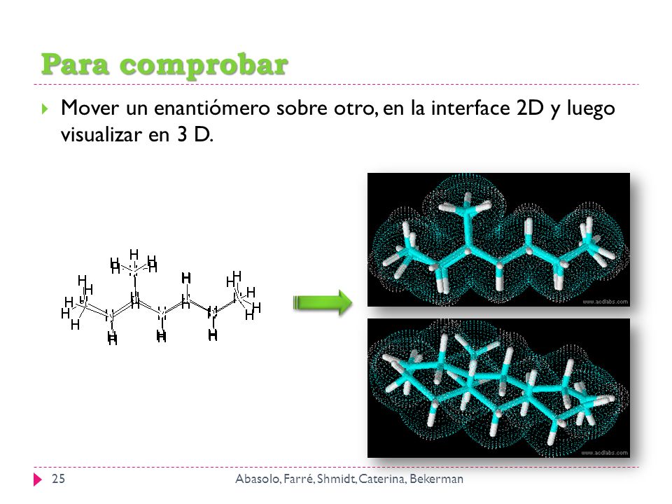 Para comprobar Mover un enantiómero sobre otro, en la interface 2D y luego visualizar en 3 D.