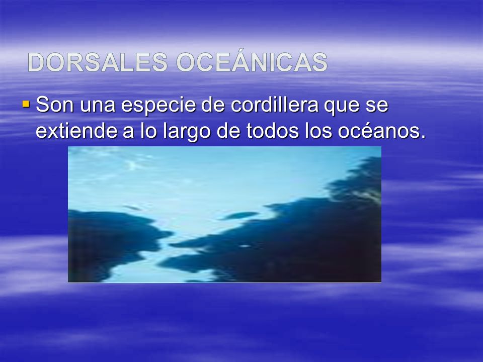 Dorsales oceánicas Son una especie de cordillera que se extiende a lo largo de todos los océanos.