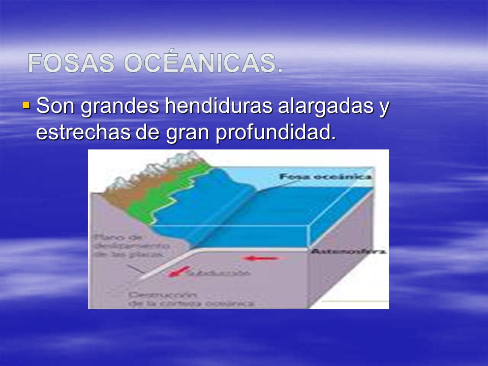 Fosas océanicas. Son grandes hendiduras alargadas y estrechas de gran profundidad.