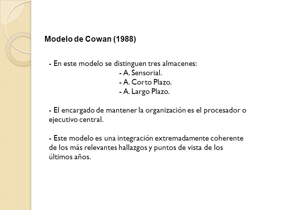 Modelo de Cowan (1988) En este modelo se distinguen tres almacenes: A. Sensorial. A. Corto Plazo.