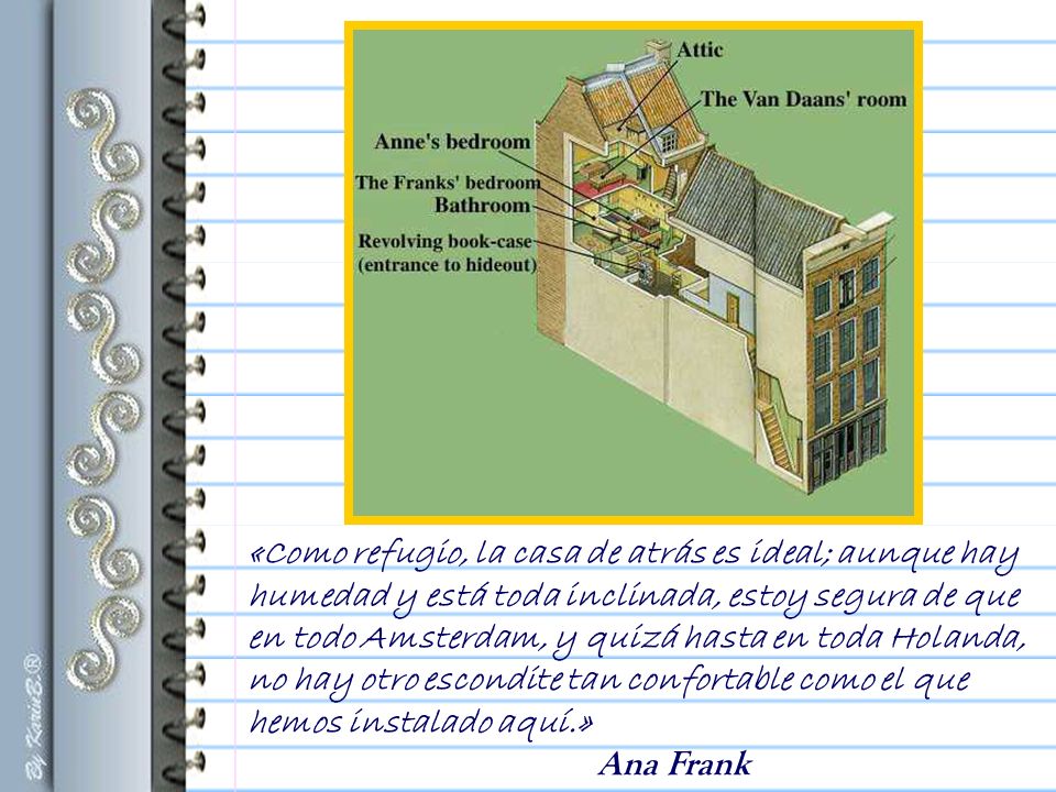 «Como refugio, la casa de atrás es ideal; aunque hay humedad y está toda inclinada, estoy segura de que en todo Amsterdam, y quizá hasta en toda Holanda, no hay otro escondite tan confortable como el que hemos instalado aquí.»