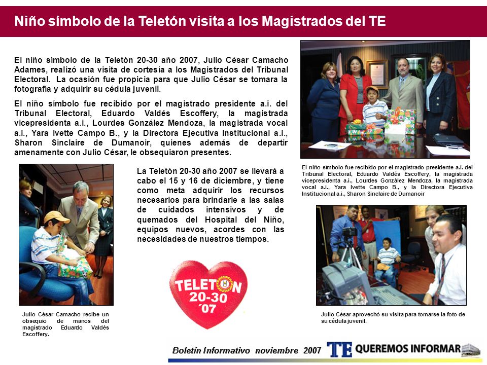Niño símbolo de la Teletón visita a los Magistrados del TE