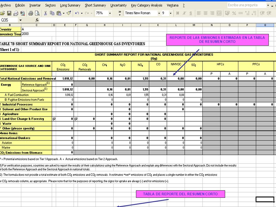 REPORTE DE LAS EMISIONES ESTIMADAS EN LA TABLA DE RESUMEN CORTO
