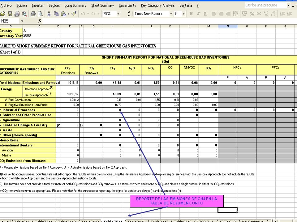 REPORTE DE LAS EMISIONES DE CH4 EN LA TABLA DE RESUMEN CORTO