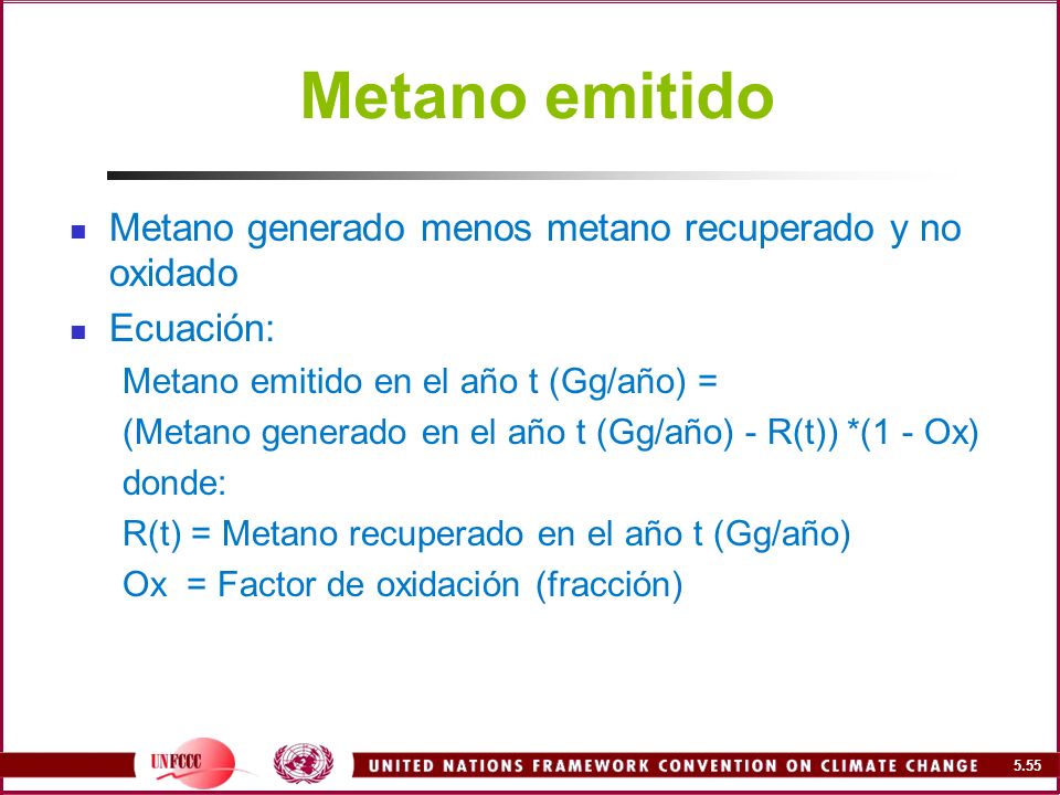 Metano emitido Metano generado menos metano recuperado y no oxidado