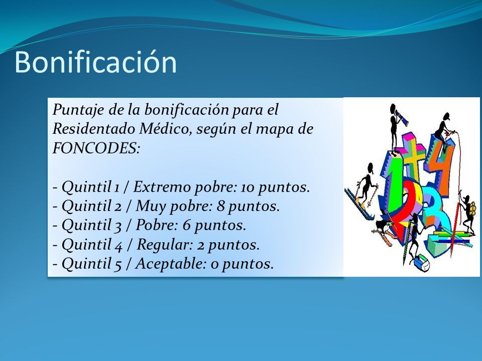 Bonificación Puntaje de la bonificación para el Residentado Médico, según el mapa de FONCODES: - Quintil 1 / Extremo pobre: 10 puntos.