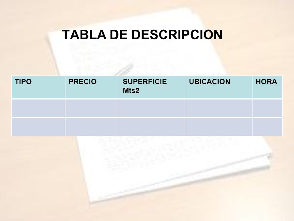TABLA DE DESCRIPCION TIPO PRECIO SUPERFICIE Mts2 UBICACION HORA
