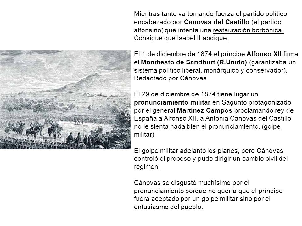 Mientras tanto va tomando fuerza el partido político encabezado por Canovas del Castillo (el partido alfonsino) que intenta una restauración borbónica. Consigue que Isabel II abdique.