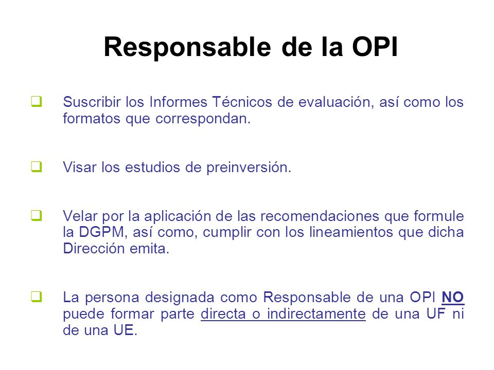 Responsable de la OPI Suscribir los Informes Técnicos de evaluación, así como los formatos que correspondan.