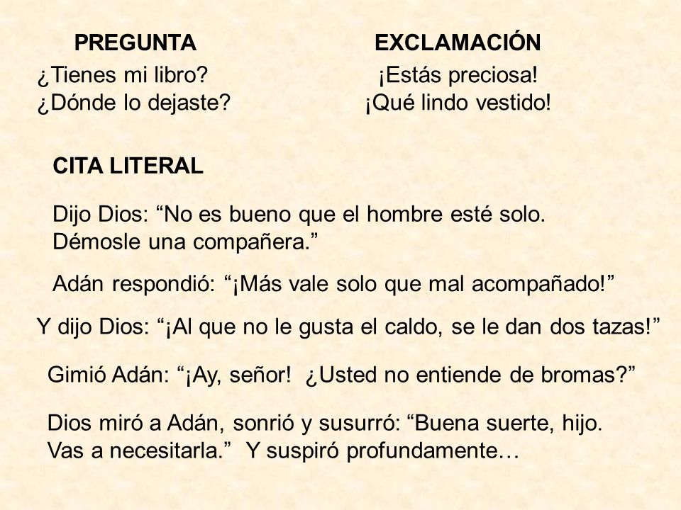 PREGUNTA EXCLAMACIÓN. ¿Tienes mi libro ¿Dónde lo dejaste ¡Estás preciosa! ¡Qué lindo vestido!