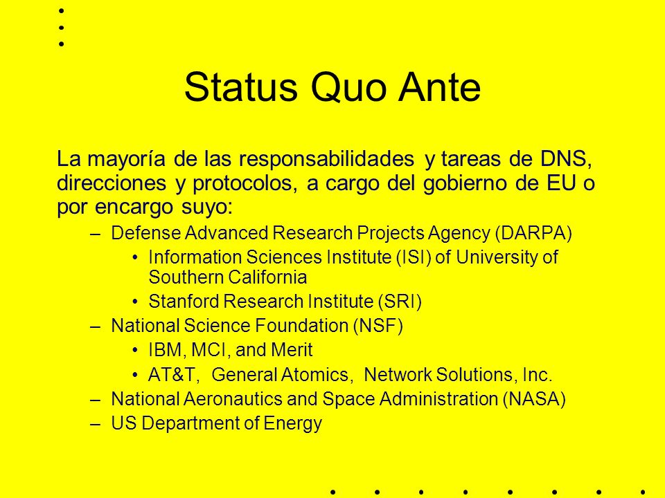Status Quo Ante La mayoría de las responsabilidades y tareas de DNS, direcciones y protocolos, a cargo del gobierno de EU o por encargo suyo: