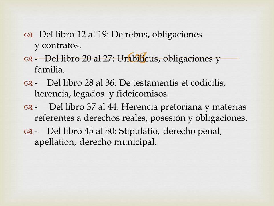 Del libro 12 al 19: De rebus, obligaciones y contratos.
