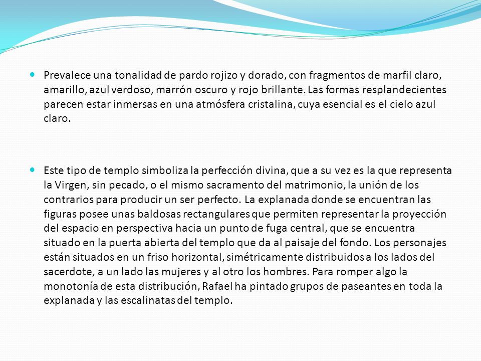 Prevalece una tonalidad de pardo rojizo y dorado, con fragmentos de marfil claro, amarillo, azul verdoso, marrón oscuro y rojo brillante. Las formas resplandecientes parecen estar inmersas en una atmósfera cristalina, cuya esencial es el cielo azul claro.