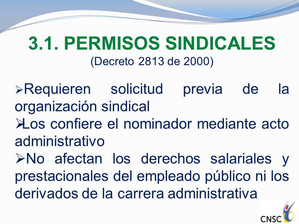 3.1. PERMISOS SINDICALES (Decreto 2813 de 2000) Requieren solicitud previa de la organización sindical.
