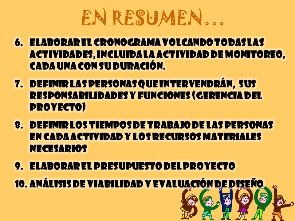 EN RESUMEN… Elaborar el cronograma volcando todas las actividades, incluida la actividad de monitoreo, cada una con su duración.