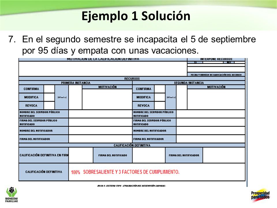 Ejemplo 1 Solución En el segundo semestre se incapacita el 5 de septiembre por 95 días y empata con unas vacaciones.