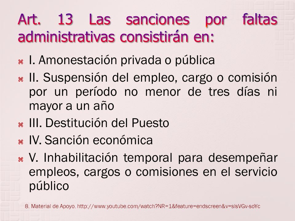 Art. 13 Las sanciones por faltas administrativas consistirán en: