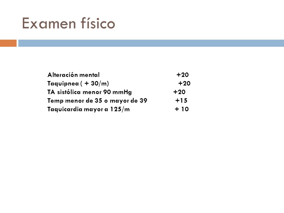 Examen físico Alteración mental +20 Taquipnea ( + 30/m) +20